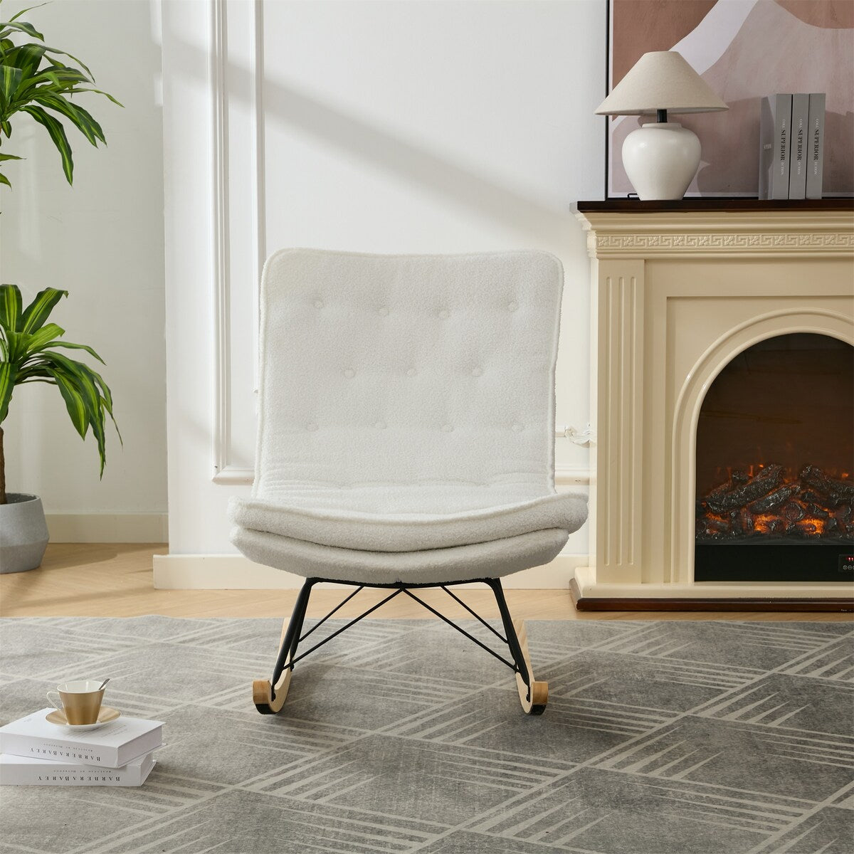 Lazy Rocking Chair,Comfortable Lounge Chair with Wide Backrest and Seat Wood Base