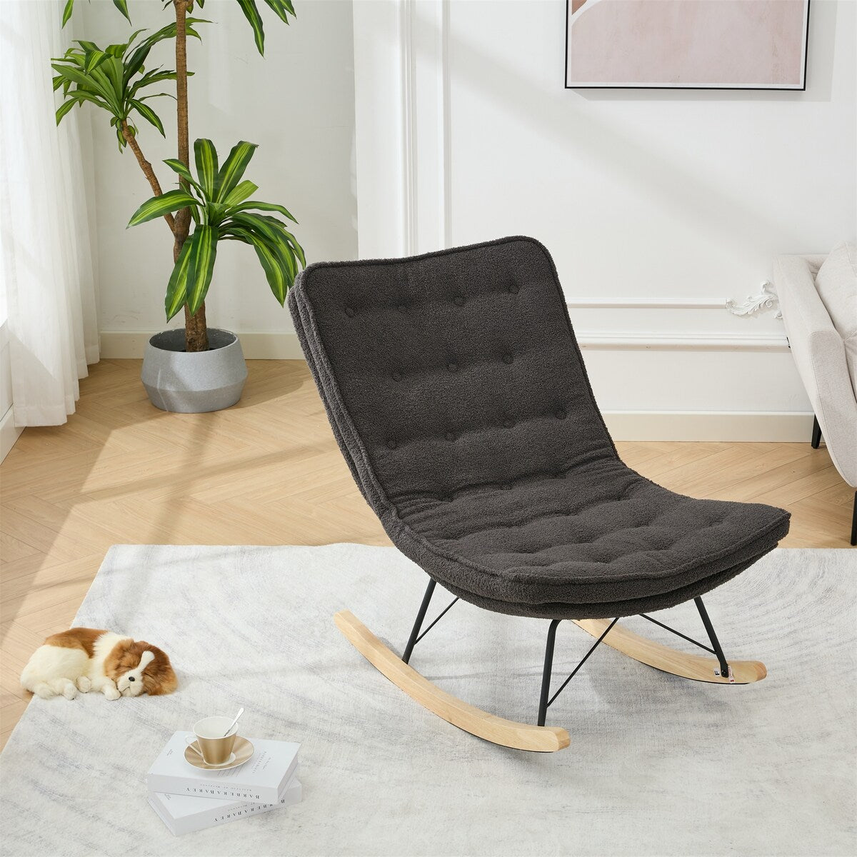 Lazy Rocking Chair,Comfortable Lounge Chair with Wide Backrest and Seat Wood Base