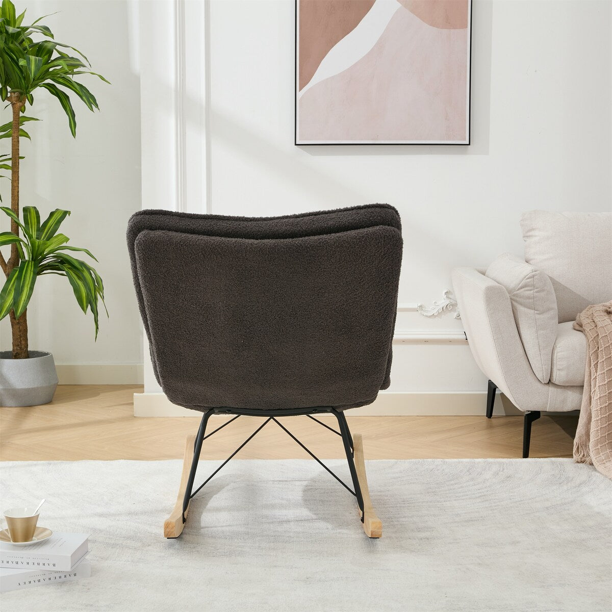 Lazy Rocking Chair,Comfortable Lounge Chair with Wide Backrest and Seat Wood Base