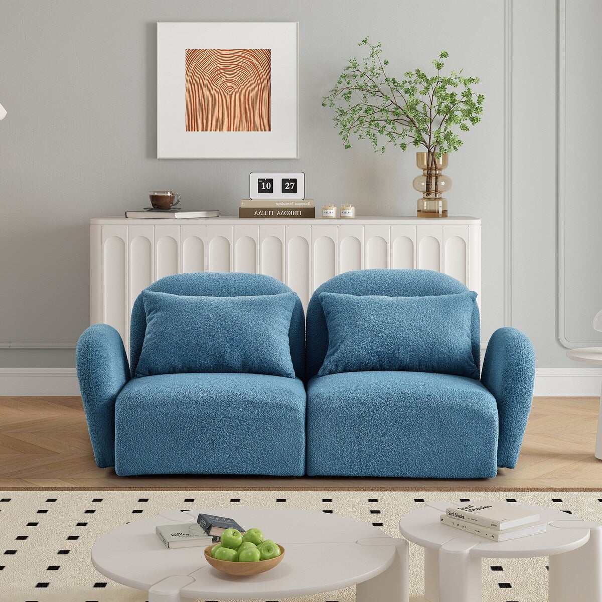 Lazy Sofa Teddy Fabric Loveseat Sofa with Curved Armrests and Backrests