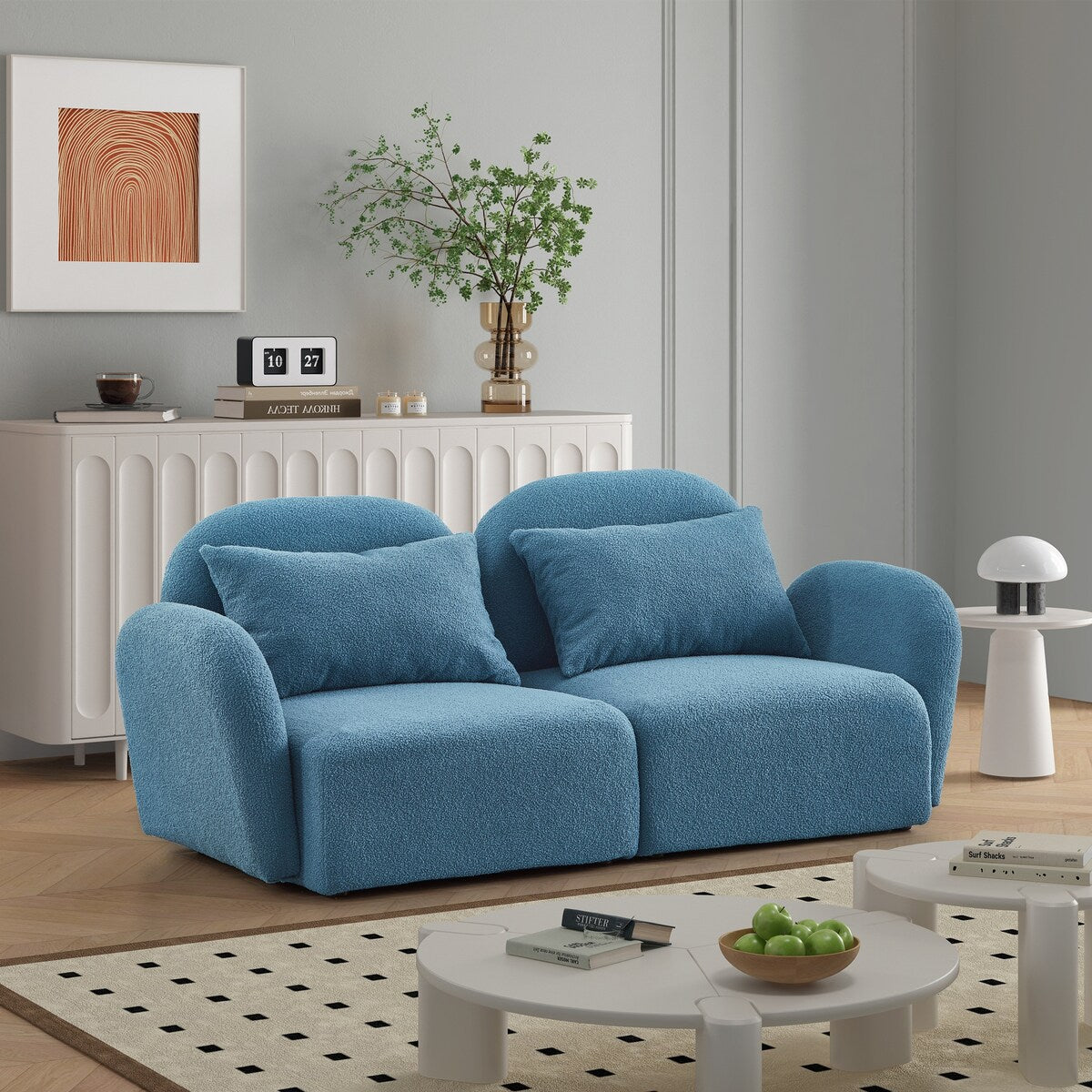 Lazy Sofa Teddy Fabric Loveseat Sofa with Curved Armrests and Backrests