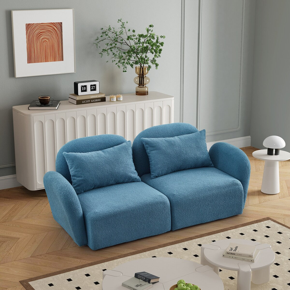 Lazy Sofa Teddy Fabric Loveseat Sofa with Curved Armrests and Backrests