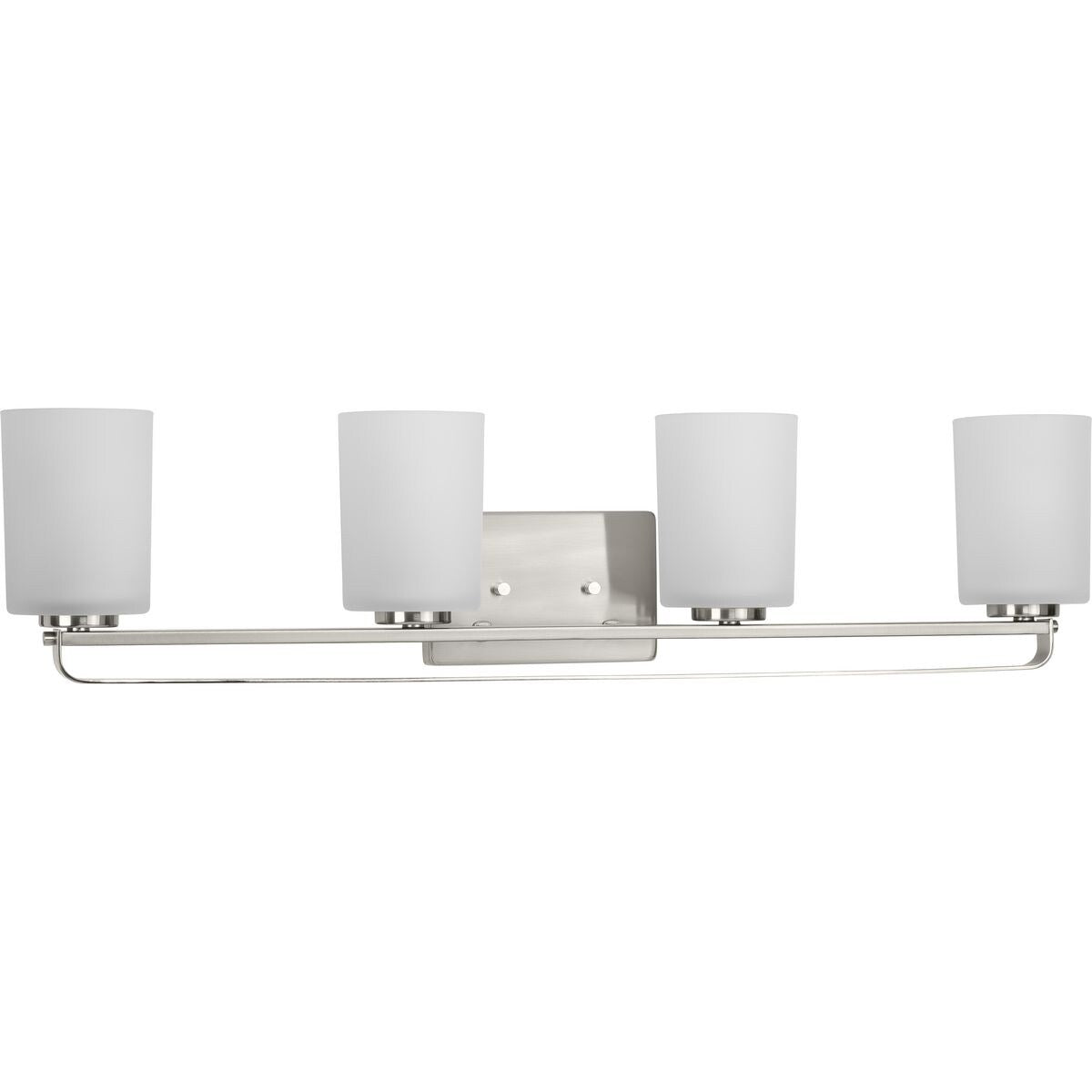 League Collection Four-Light Brushed Nickel and Etched Glass Modern Farmhouse Bath Vanity Light - 32.5 in x 5.5 in x 7.62 in