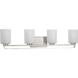League Collection Four-Light Brushed Nickel and Etched Glass Modern Farmhouse Bath Vanity Light - 32.5 in x 5.5 in x 7.62 in