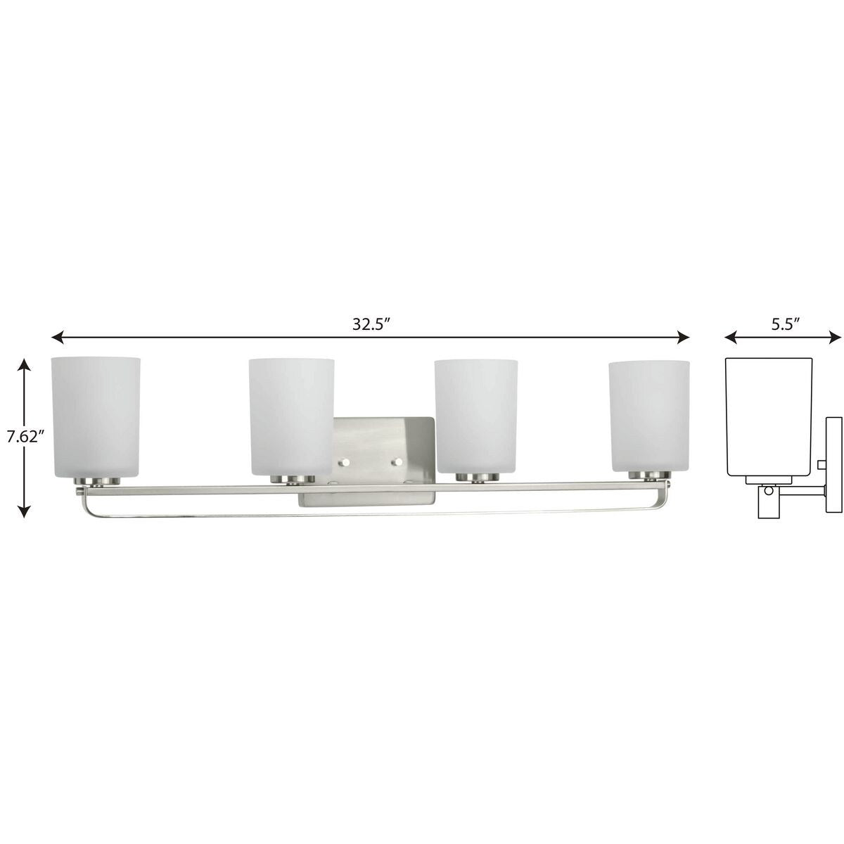 League Collection Four-Light Brushed Nickel and Etched Glass Modern Farmhouse Bath Vanity Light - 32.5 in x 5.5 in x 7.62 in