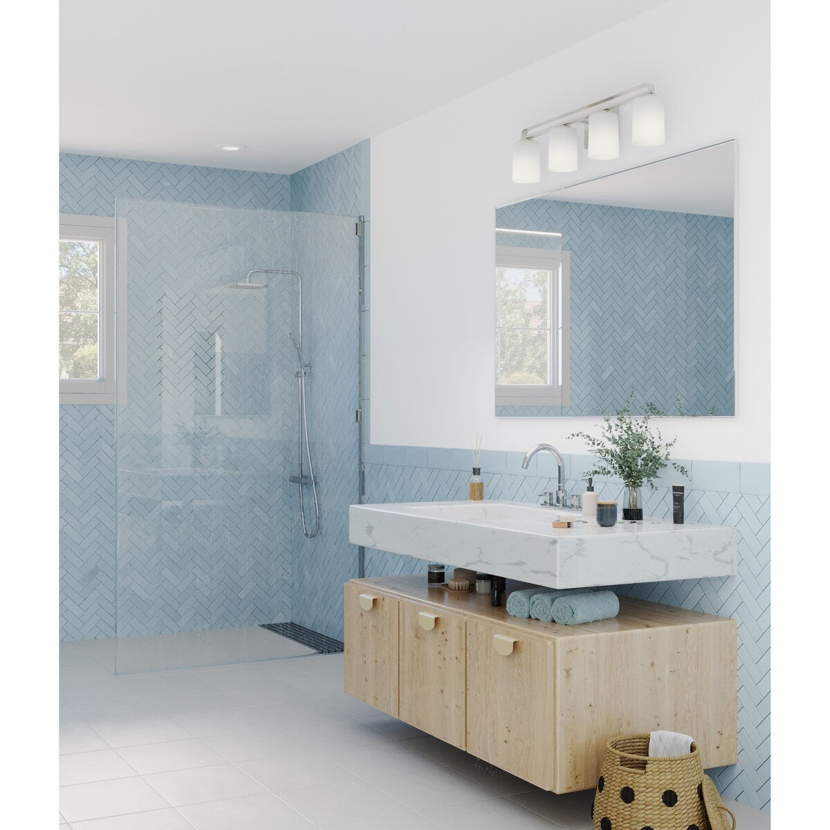 League Collection Four-Light Brushed Nickel and Etched Glass Modern Farmhouse Bath Vanity Light - 32.5 in x 5.5 in x 7.62 in