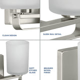 League Collection Four-Light Brushed Nickel and Etched Glass Modern Farmhouse Bath Vanity Light - 32.5 in x 5.5 in x 7.62 in