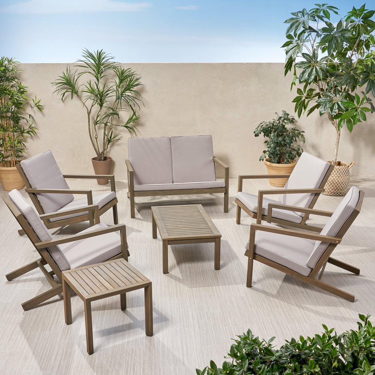 Leah Outdoor 6-Seater Acacia Wood Chat Set by Christopher Knight Home
