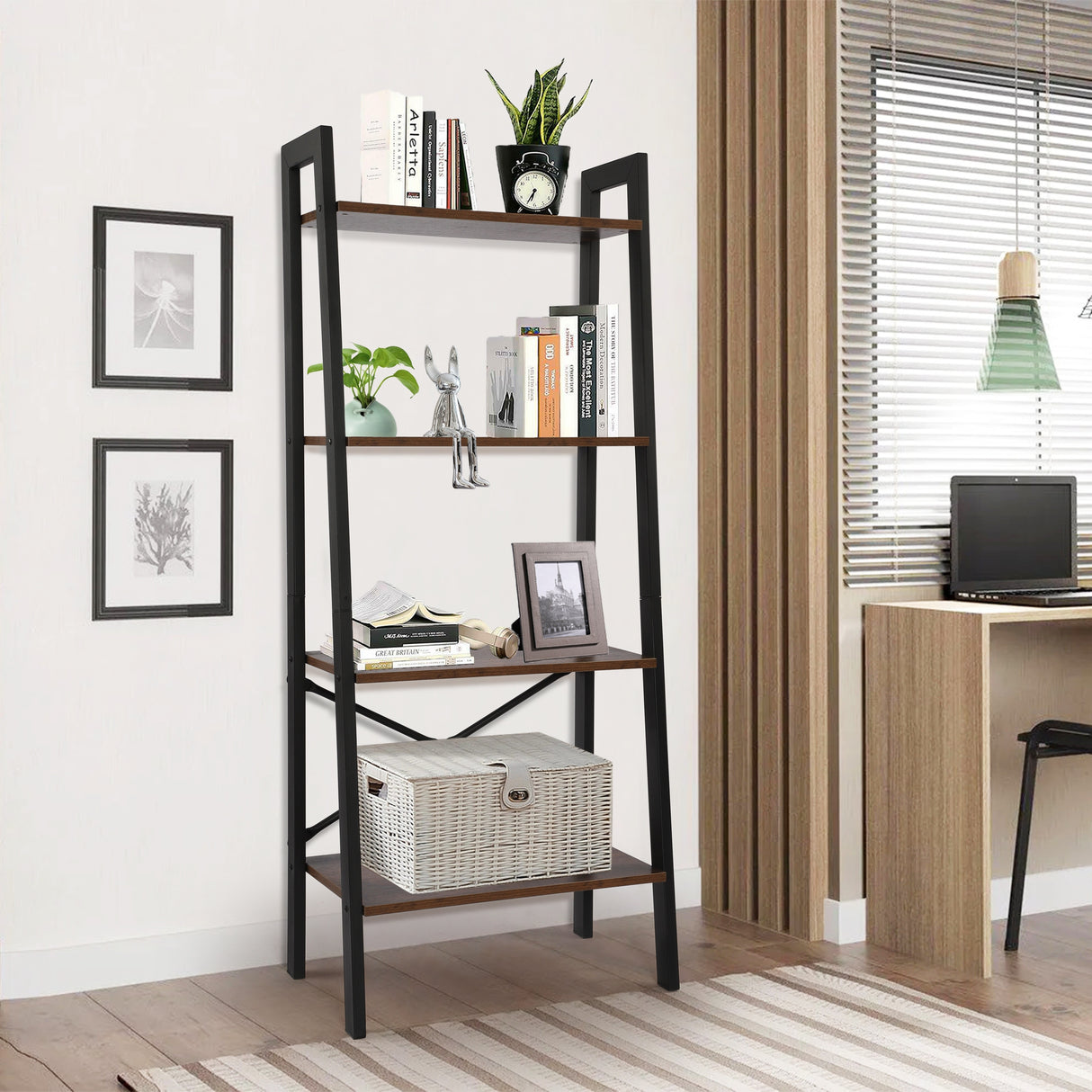 Leaning Ladder Bookshelf Industrial Bookcase 4-Tier Storage Rack Shelf