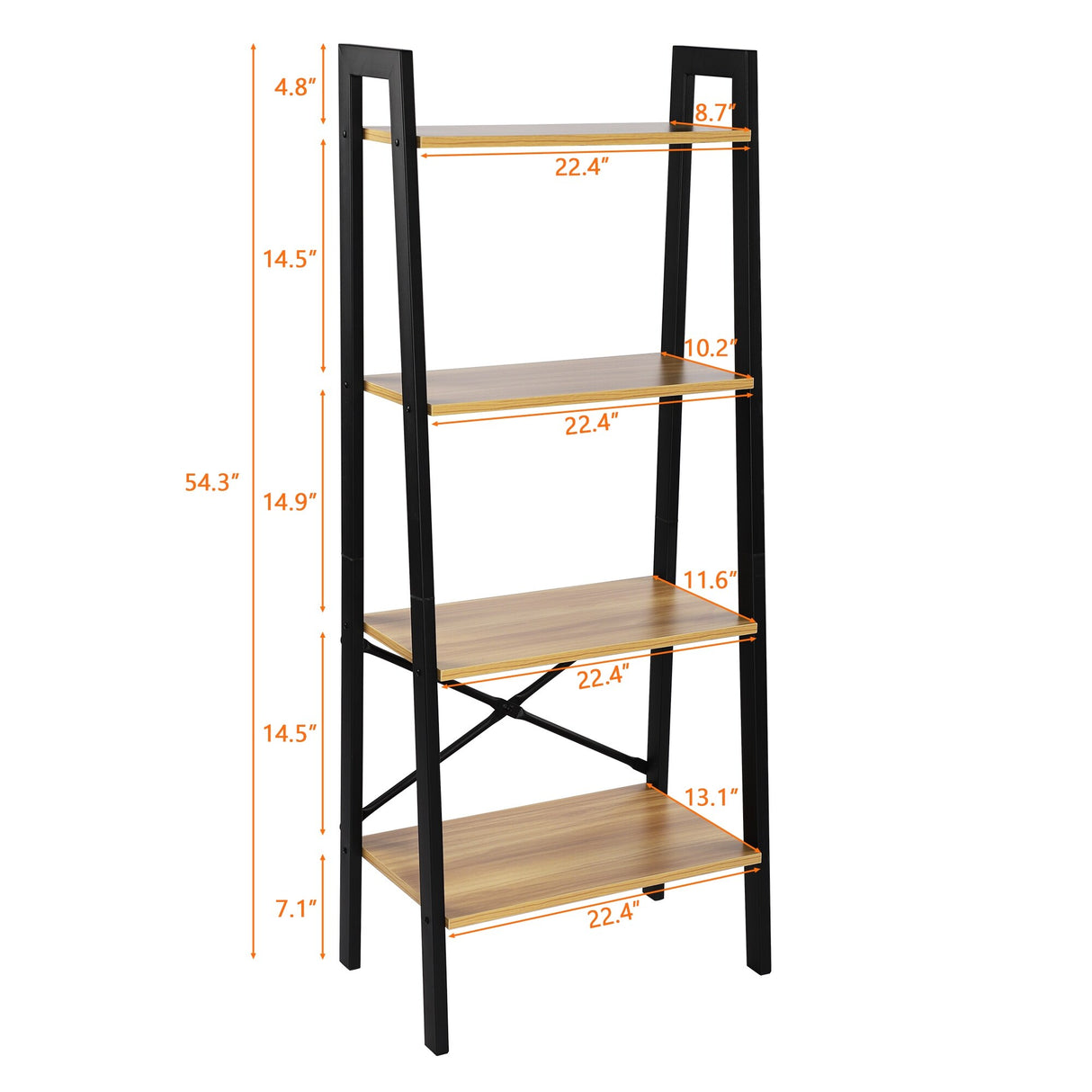 Leaning Ladder Bookshelf Industrial Bookcase 4-Tier Storage Rack Shelf