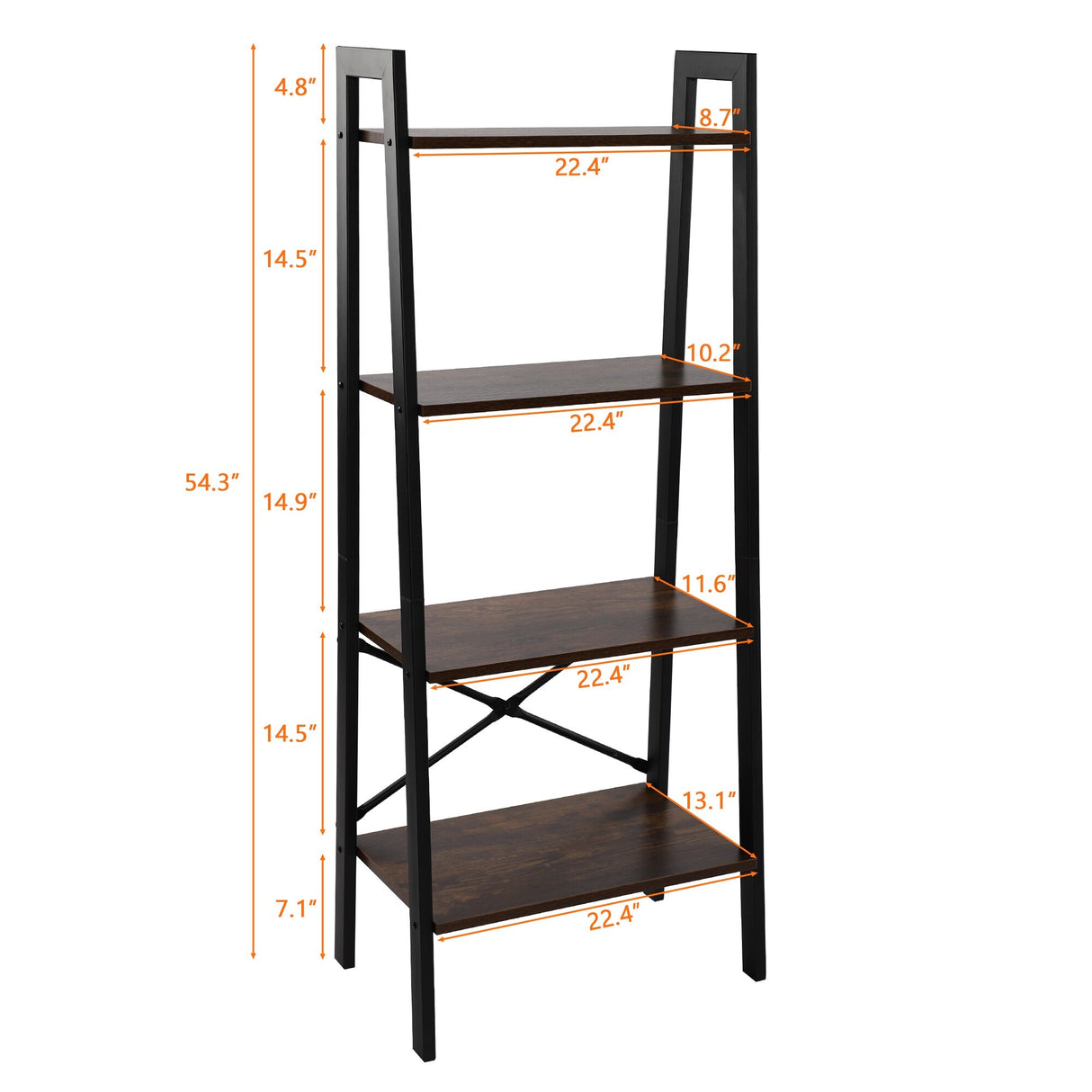 Leaning Ladder Bookshelf Industrial Bookcase 4-Tier Storage Rack Shelf