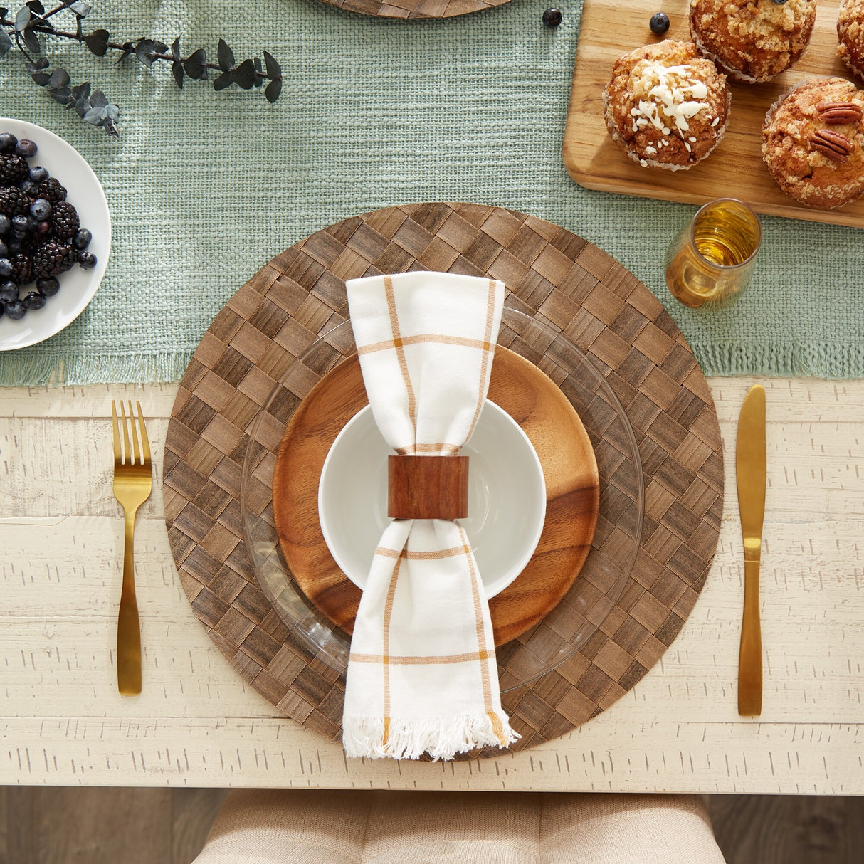 Leather Brown Basketweave Round Woven Placemat (Set of 4) - Placemat Set, 15" Round