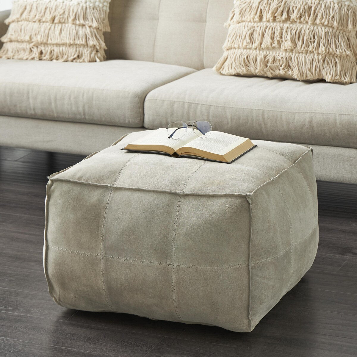 Leather Low Profile Square Pouf with Patchwork Design - Brown, Gray or Dark Brown- Roche River Decor