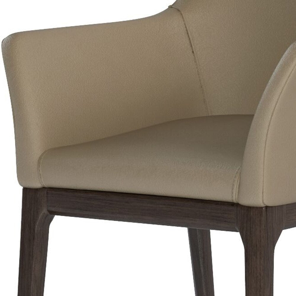 Leather Upholstered Wooden Arm Chair with Curved Back and Swoop Armrests, Brown