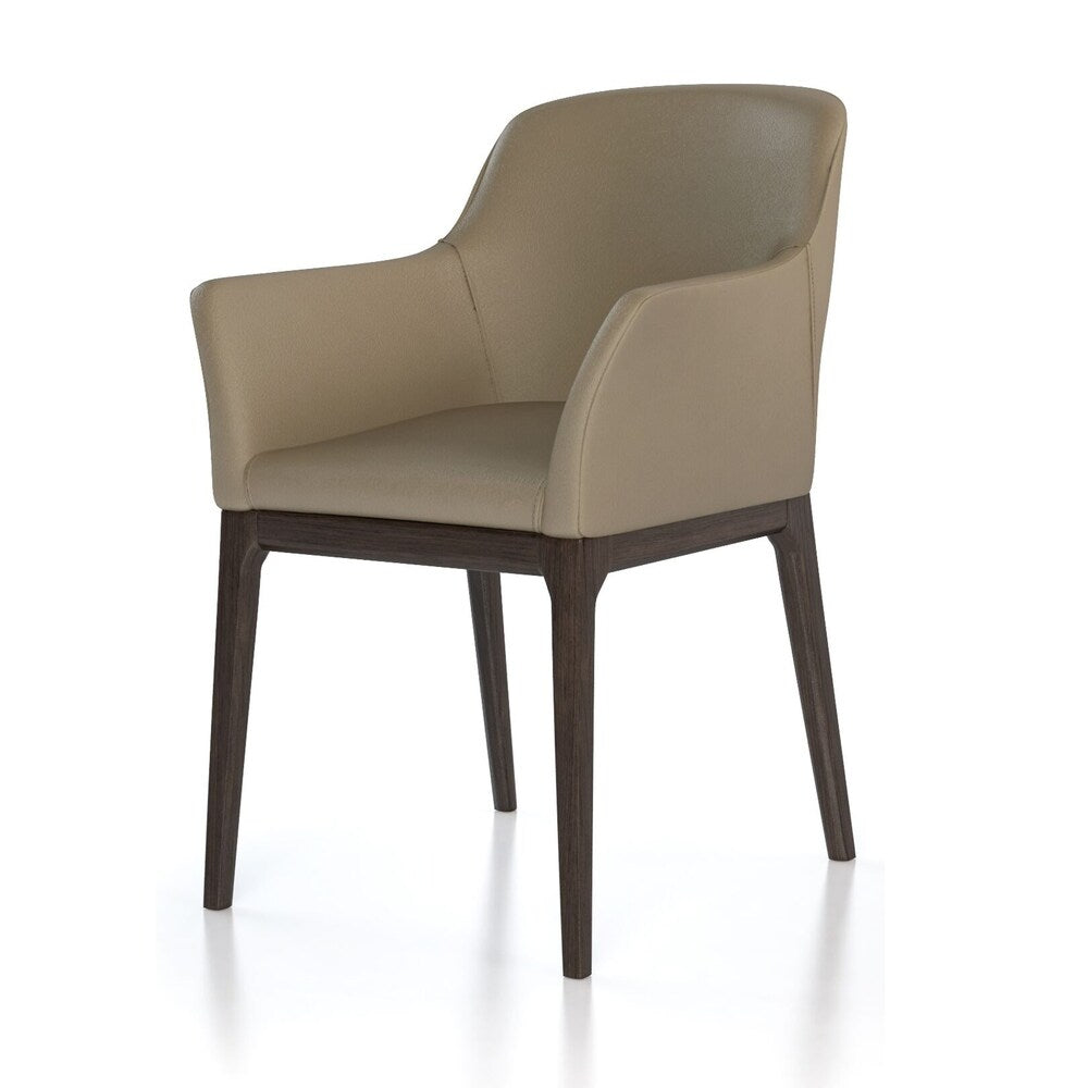 Leather Upholstered Wooden Arm Chair with Curved Back and Swoop Armrests, Brown