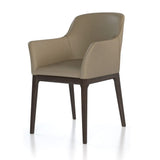 Leather Upholstered Wooden Arm Chair with Curved Back and Swoop Armrests, Brown