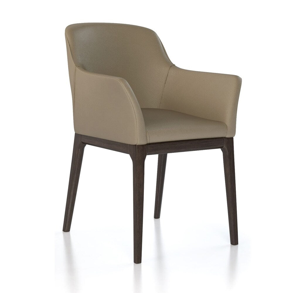Leather Upholstered Wooden Arm Chair with Curved Back and Swoop Armrests, Brown