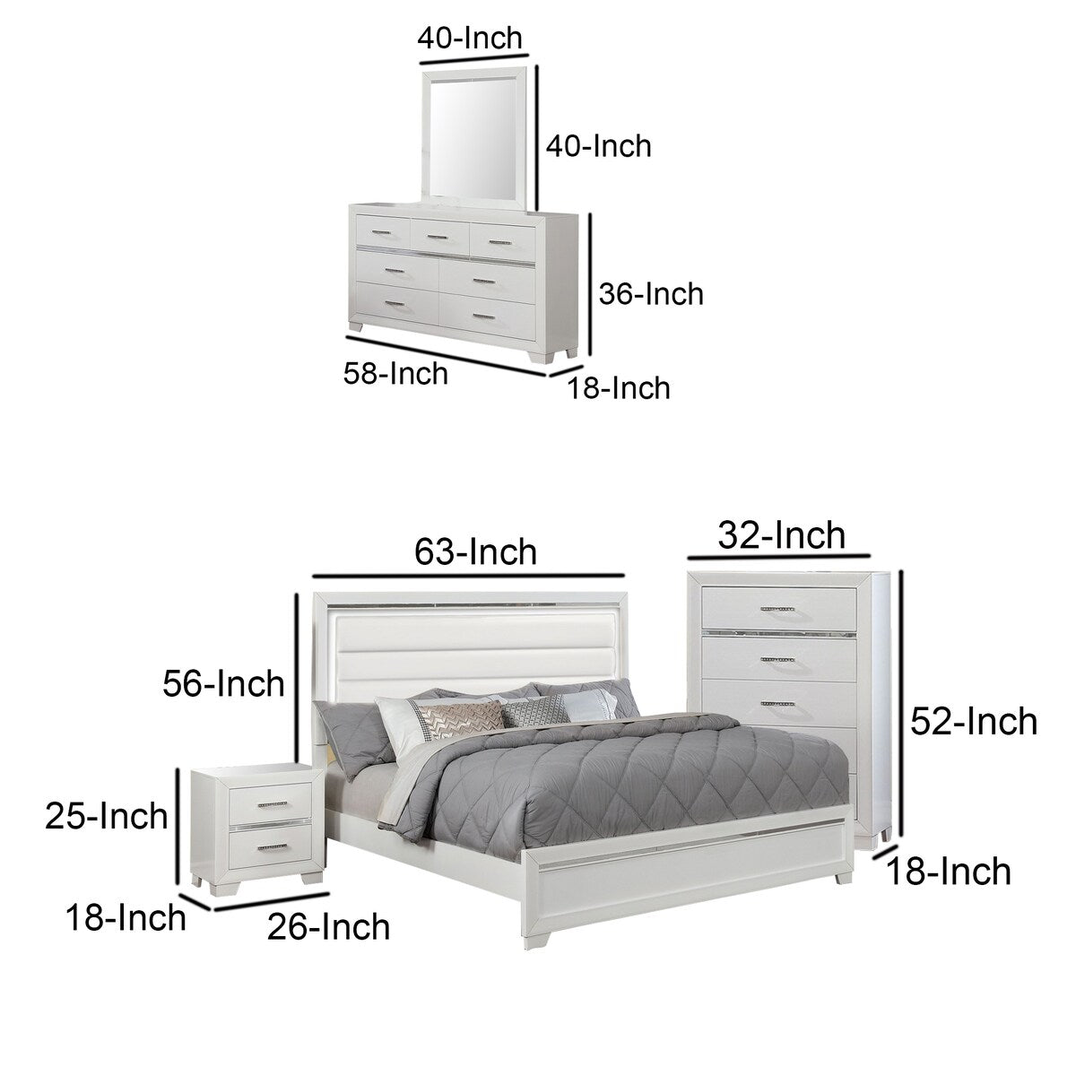 Leatherette 5 Piece Wooden Queen Bedroom Set with LED, White