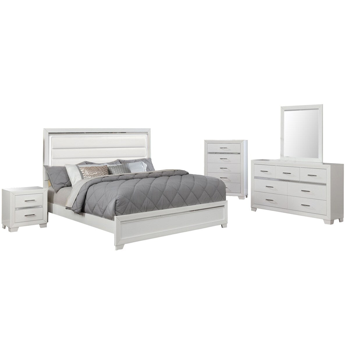 Leatherette 5 Piece Wooden Queen Bedroom Set with LED, White