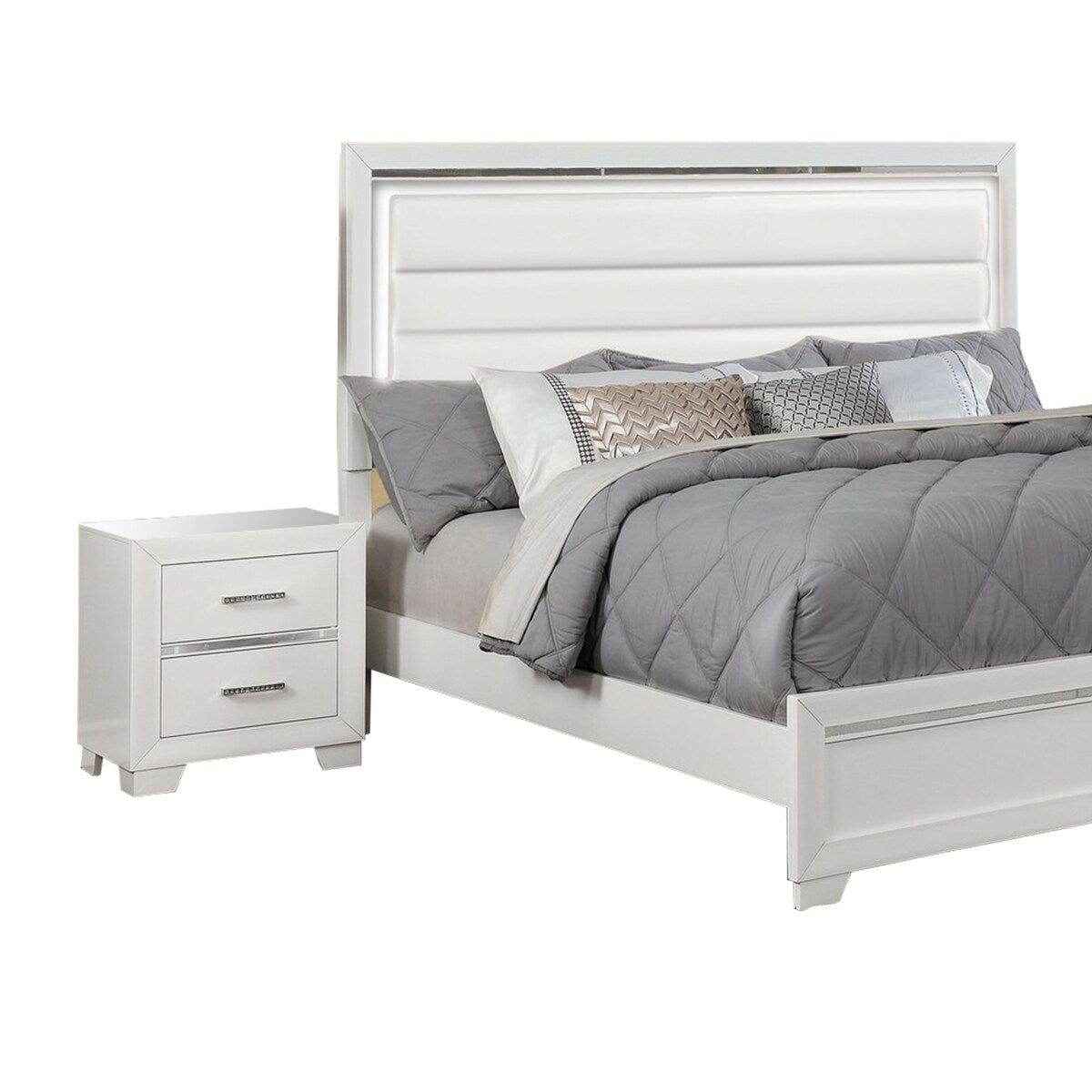 Leatherette 5 Piece Wooden Queen Bedroom Set with LED, White
