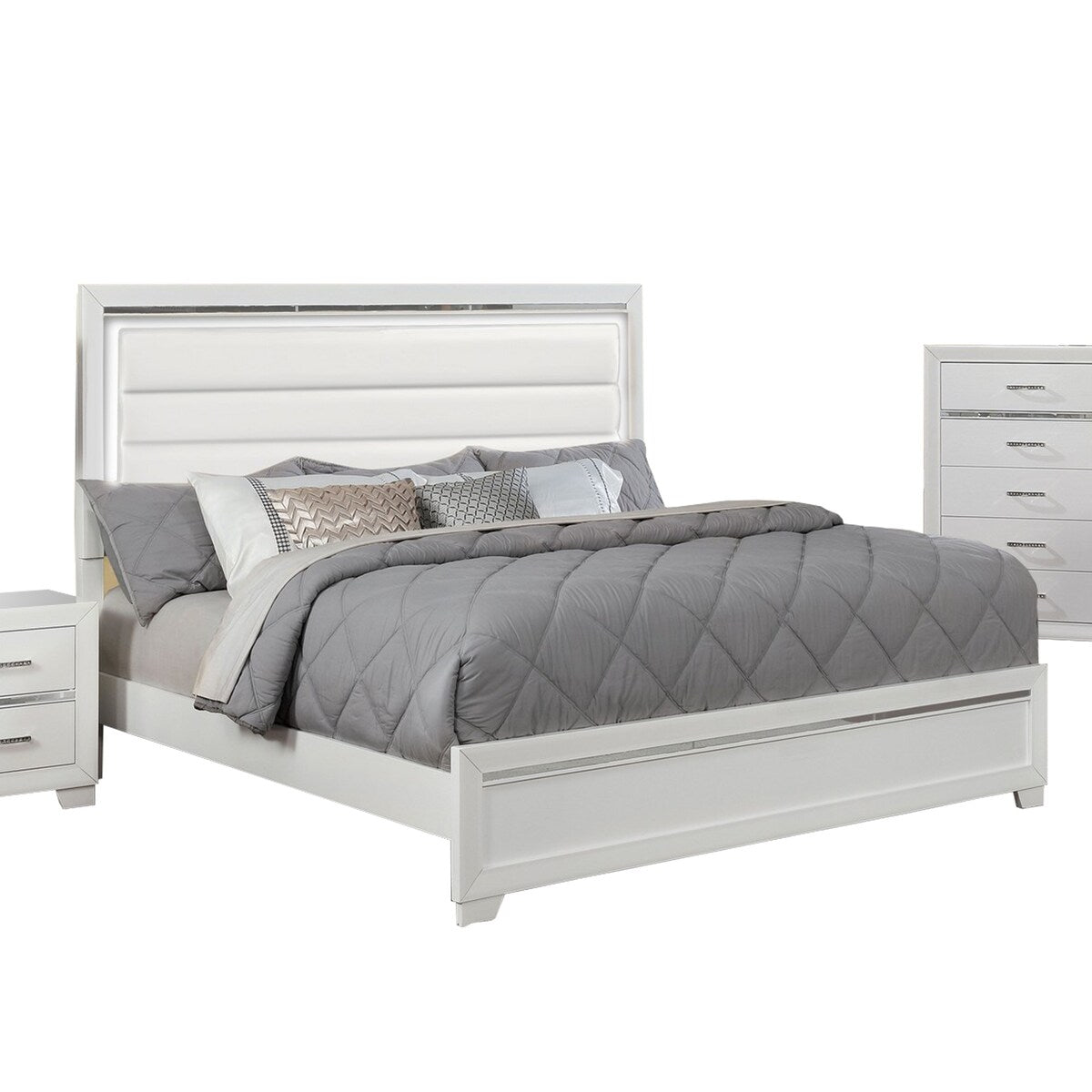 Leatherette 5 Piece Wooden Queen Bedroom Set with LED, White