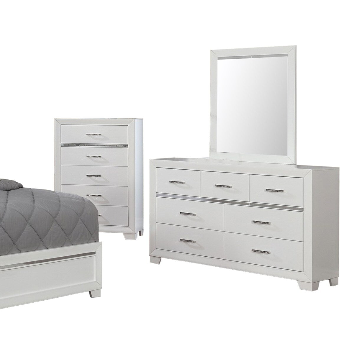 Leatherette 5 Piece Wooden Queen Bedroom Set with LED, White