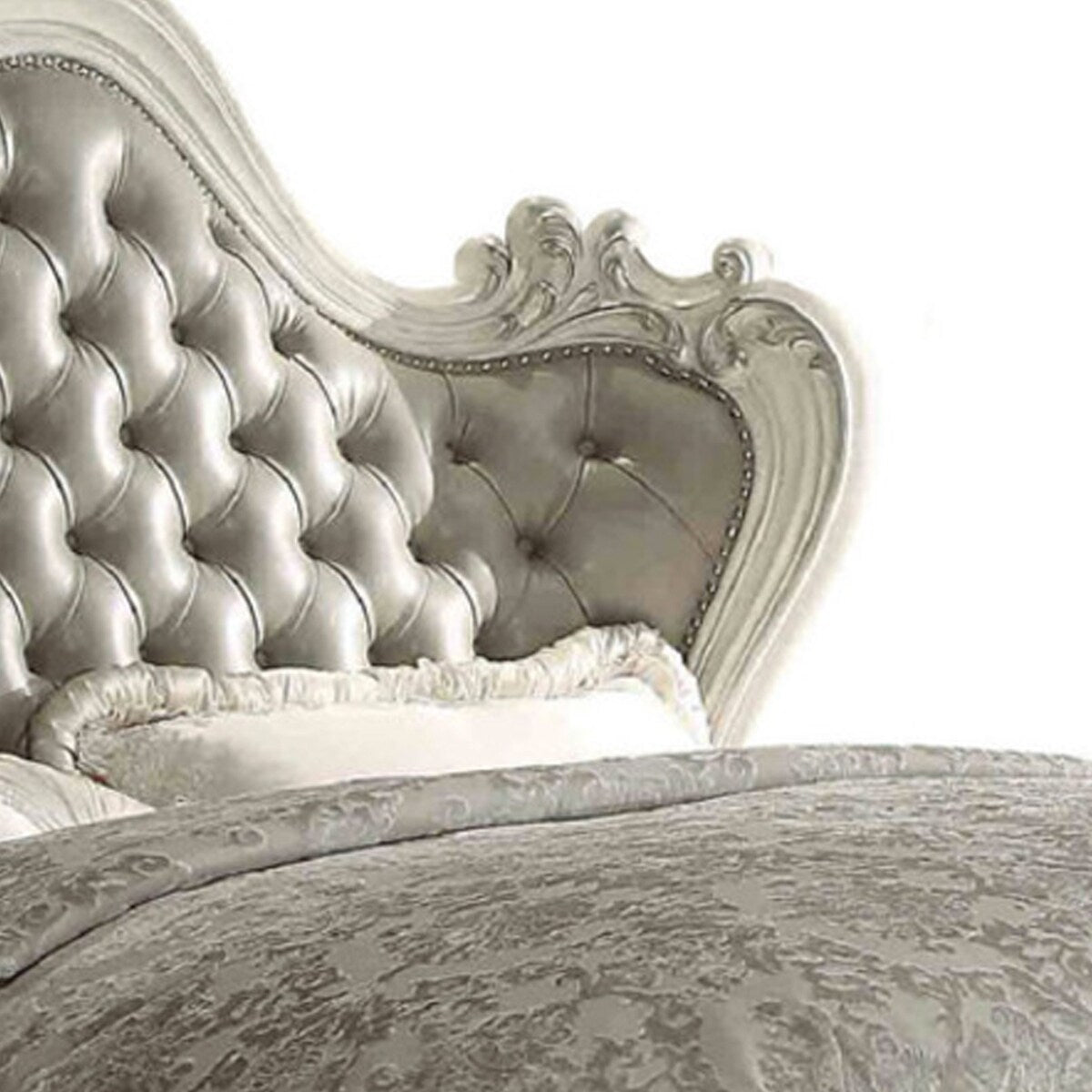 Leatherette Eastern King Bed with Button Tufted Headboard,Gray and White