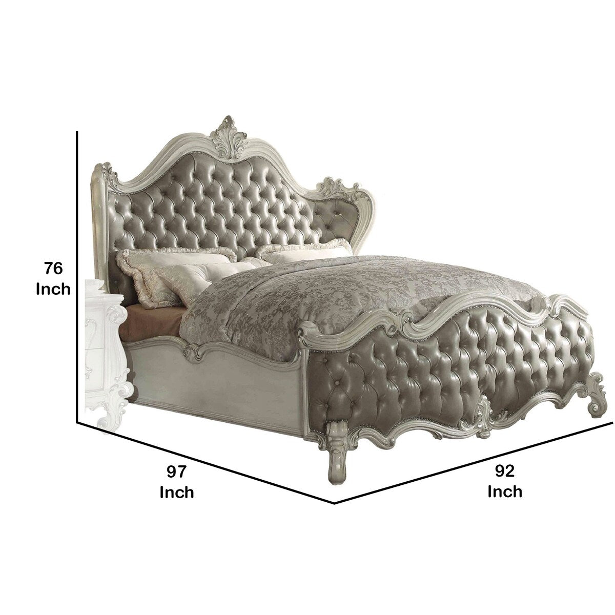 Leatherette Eastern King Bed with Button Tufted Headboard,Gray and White