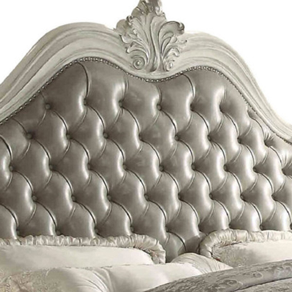 Leatherette Eastern King Bed with Button Tufted Headboard,Gray and White