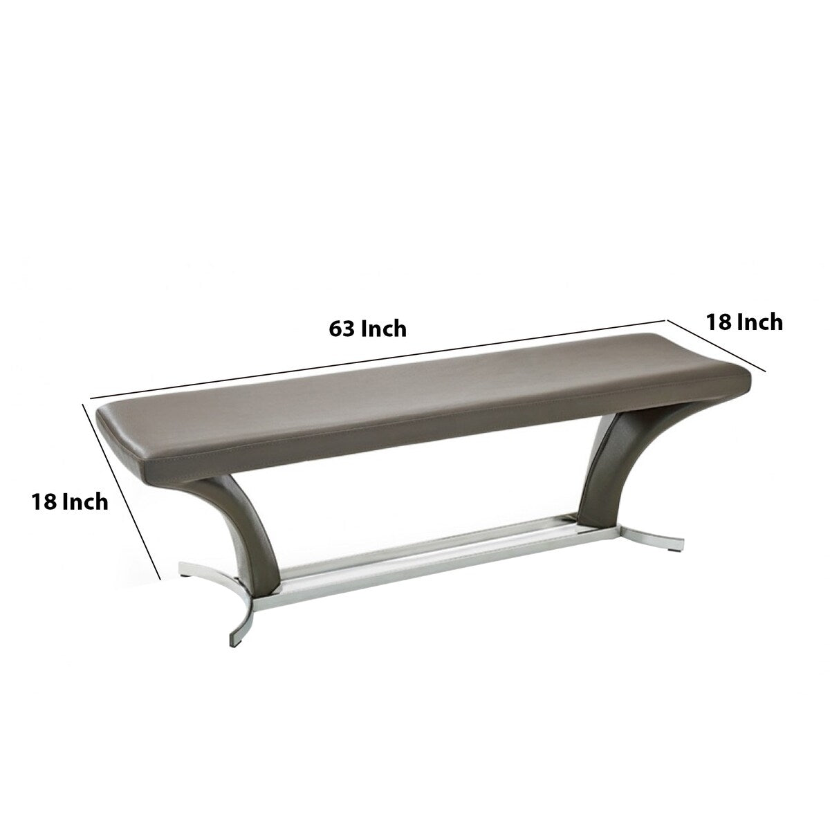 Leatherette Upholstered Dining Bench with Curved Supports, Gray and Chrome