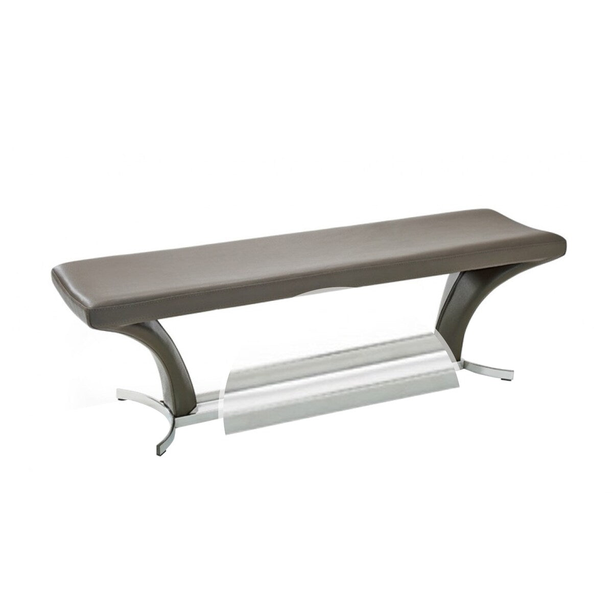 Leatherette Upholstered Dining Bench with Curved Supports, Gray and Chrome