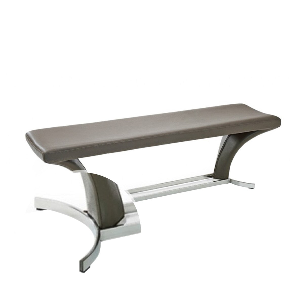 Leatherette Upholstered Dining Bench with Curved Supports, Gray and Chrome