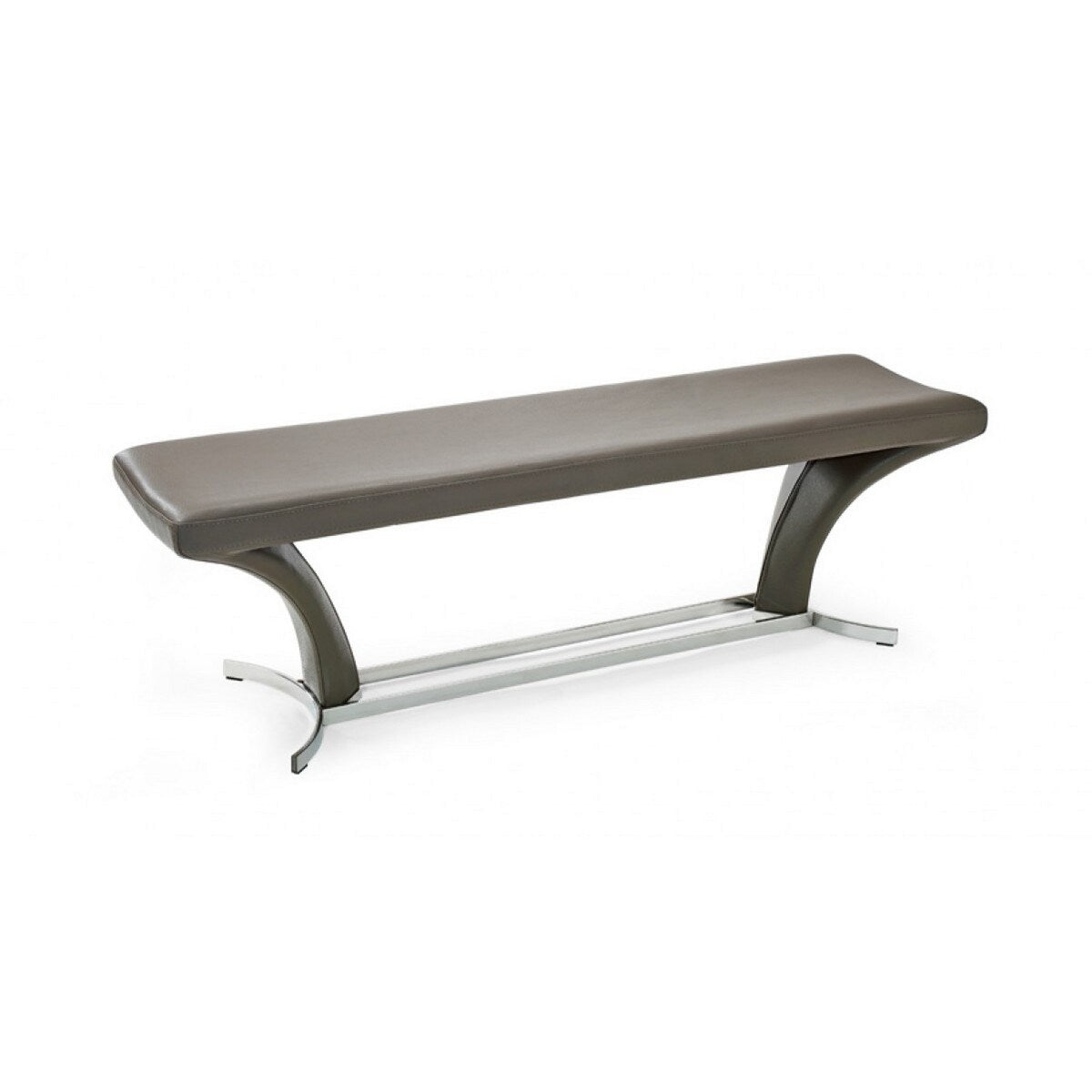 Leatherette Upholstered Dining Bench with Curved Supports, Gray and Chrome