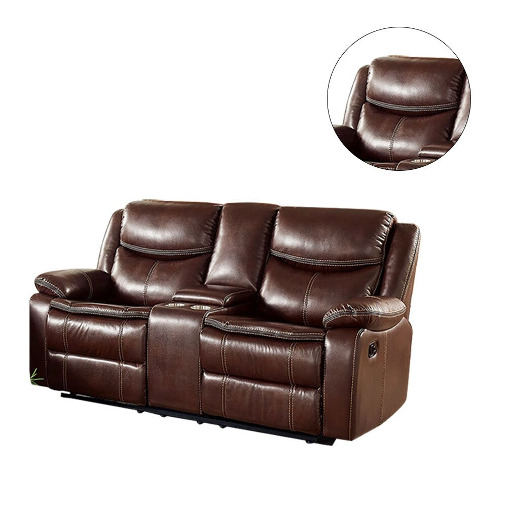 Leatherette and Wood Loveseat in Brown Finish