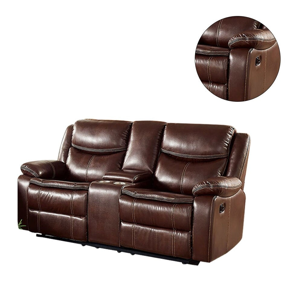 Leatherette and Wood Loveseat in Brown Finish