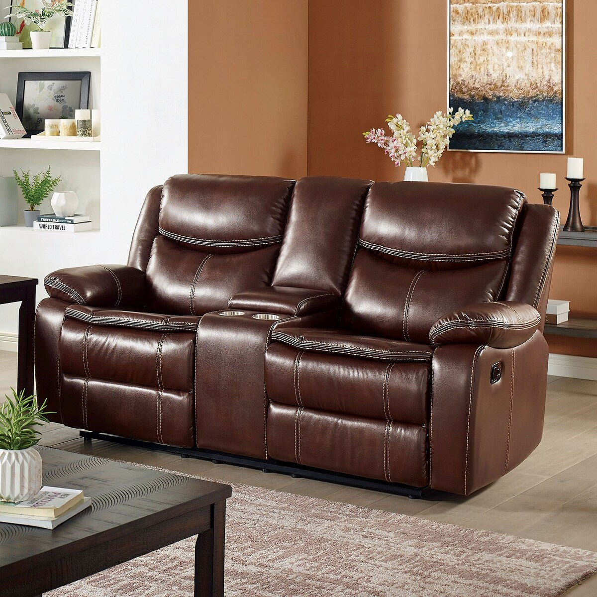 Leatherette and Wood Loveseat in Brown Finish