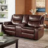 Leatherette and Wood Loveseat in Brown Finish