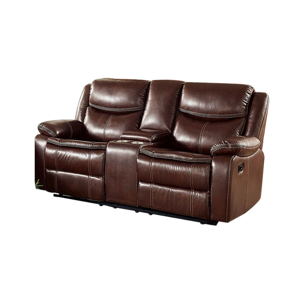 Leatherette and Wood Loveseat in Brown Finish