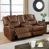 Leatherette and Wood Power Loveseat in Brown Finish