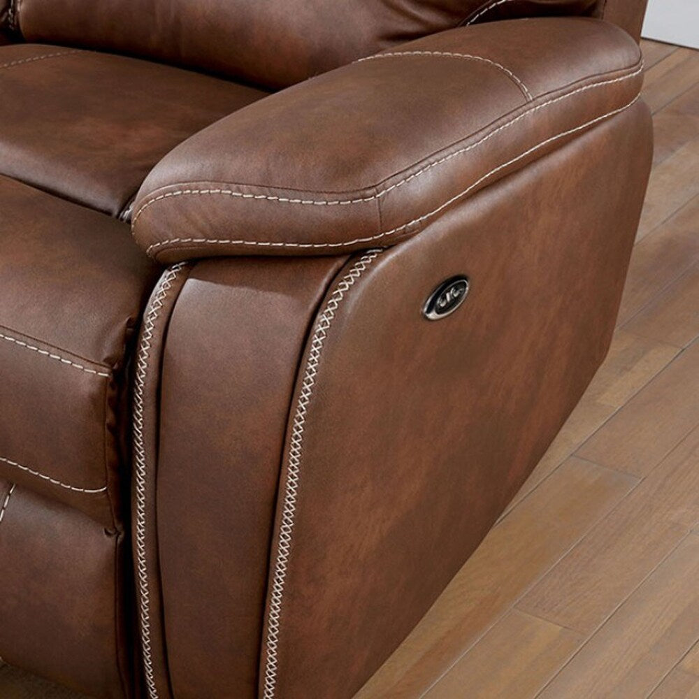 Leatherette and Wood Power Loveseat in Brown Finish