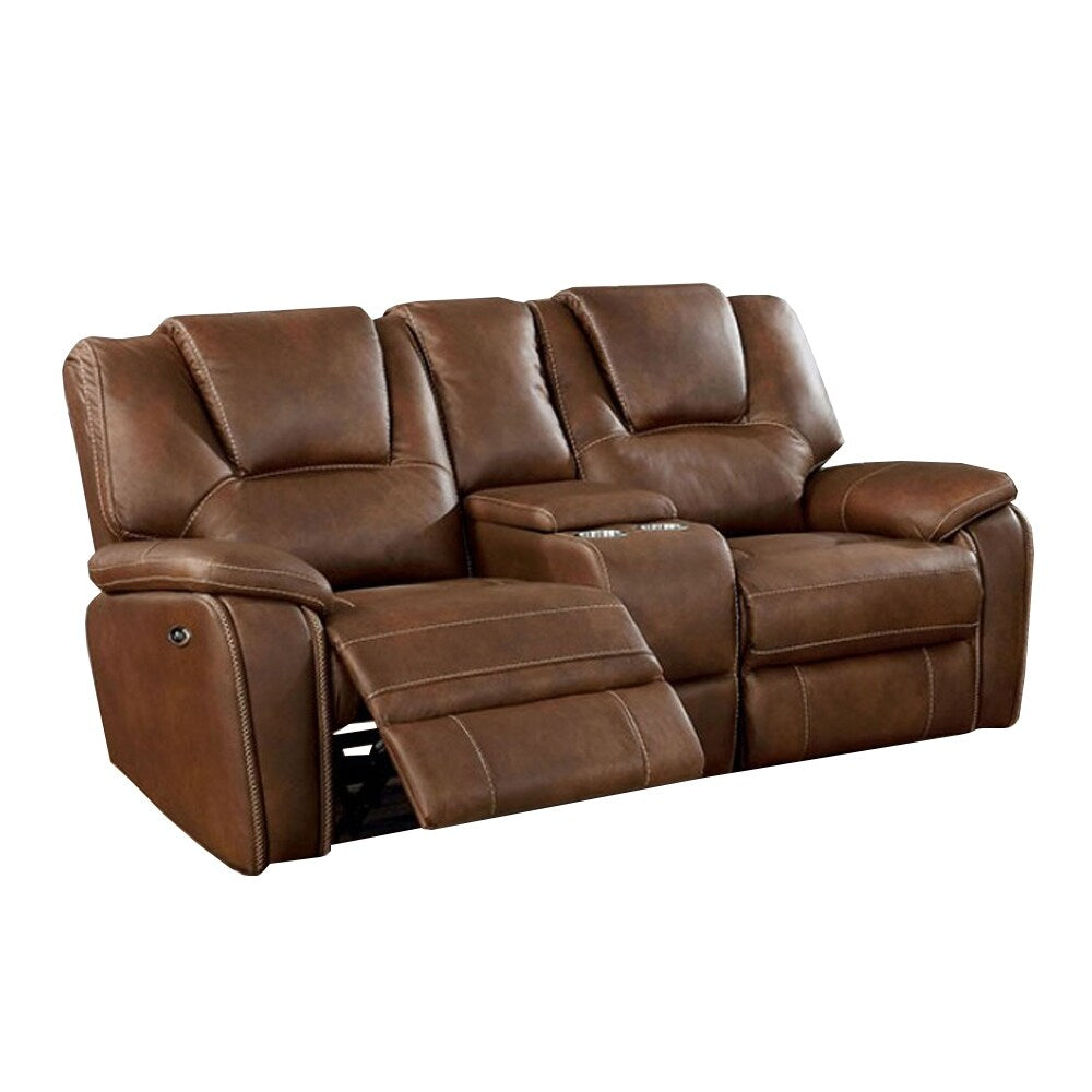 Leatherette and Wood Power Loveseat in Brown Finish