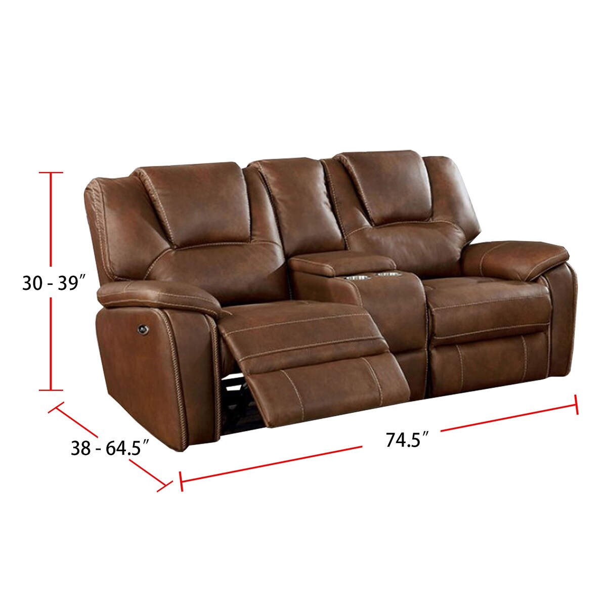 Leatherette and Wood Power Loveseat in Brown Finish