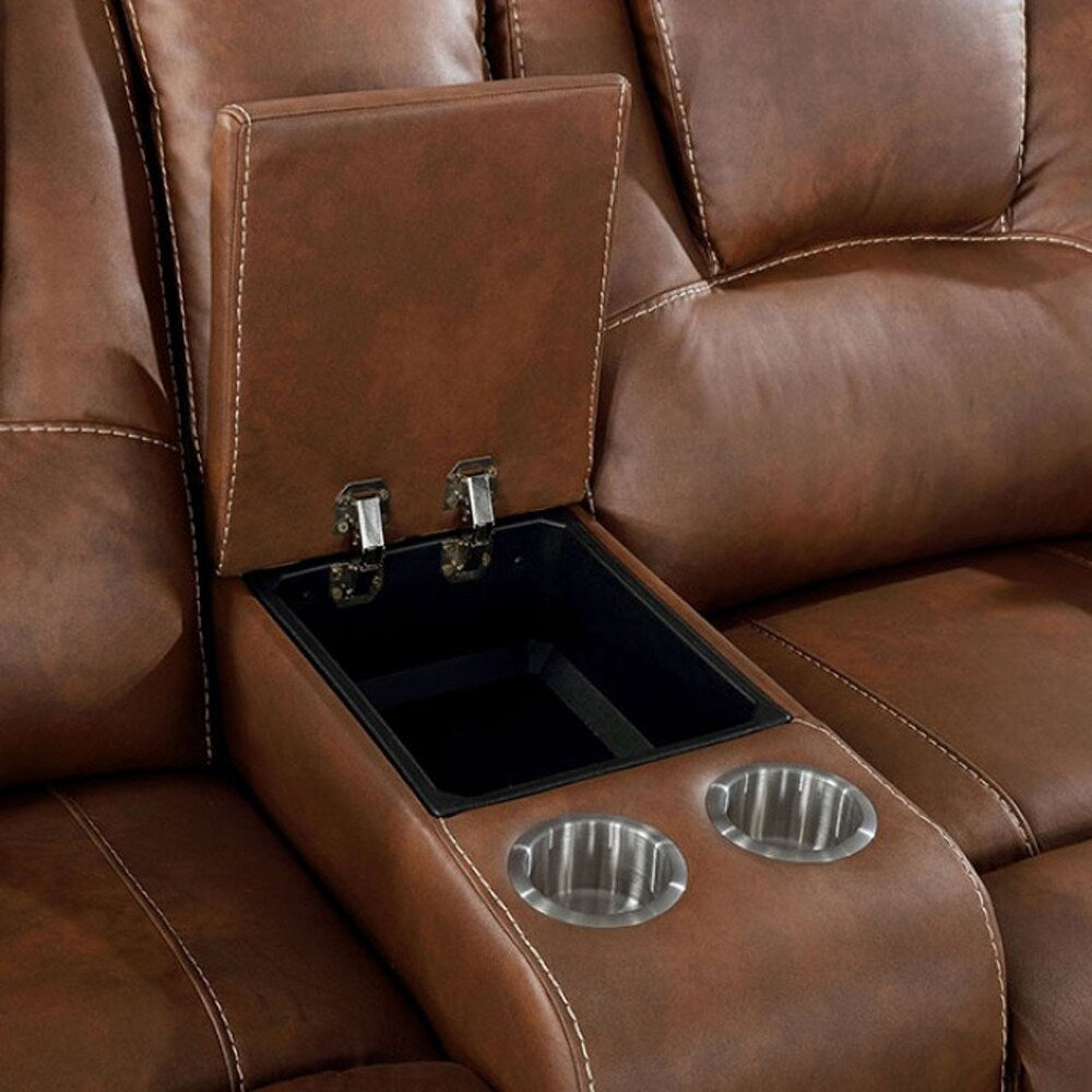 Leatherette and Wood Power Loveseat in Brown Finish