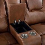 Leatherette and Wood Power Loveseat in Brown Finish