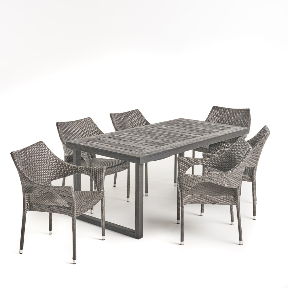 Lecanto Outdoor 7 Piece Acacia Wood Dining Set with Stacking Wicker Chairs by Christopher Knight Home