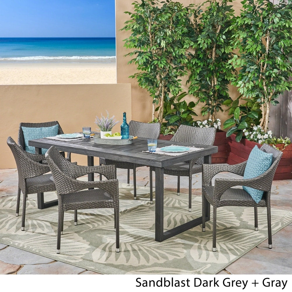 Lecanto Outdoor 7 Piece Acacia Wood Dining Set with Stacking Wicker Chairs by Christopher Knight Home