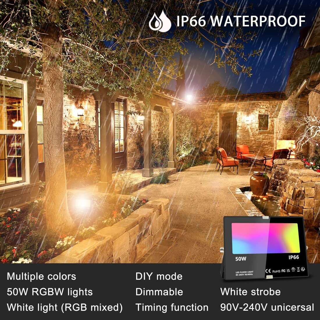 Led Flood Light 500W Equivalent, RGBW Led Outdoor Lights Colored Floodlight with Remote,50W,5000ML 2700K,120 Colors(2 Pack)