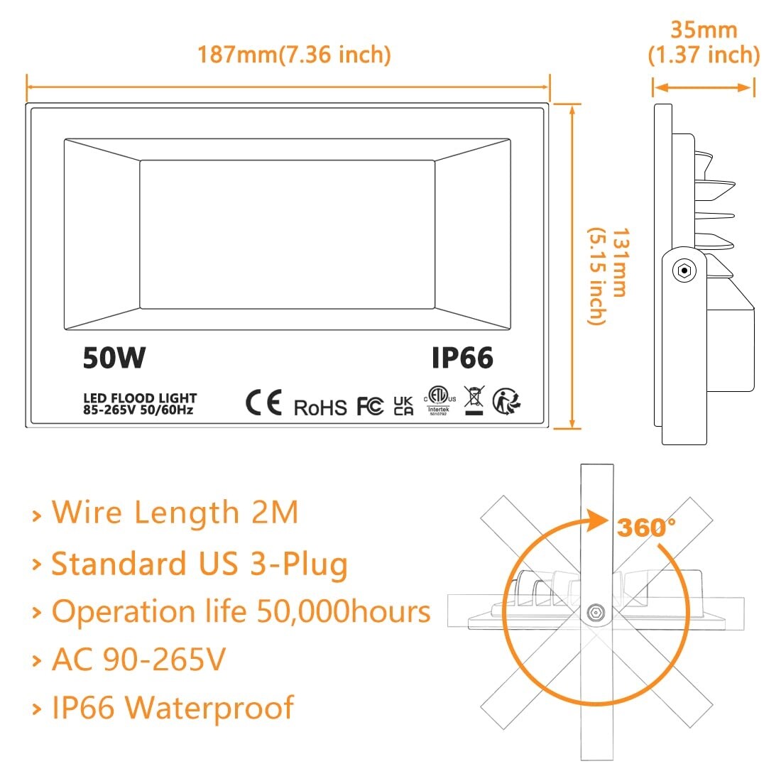 Led Flood Light 500W Equivalent, RGBW Led Outdoor Lights Colored Floodlight with Remote,50W,5000ML 2700K,120 Colors(2 Pack)