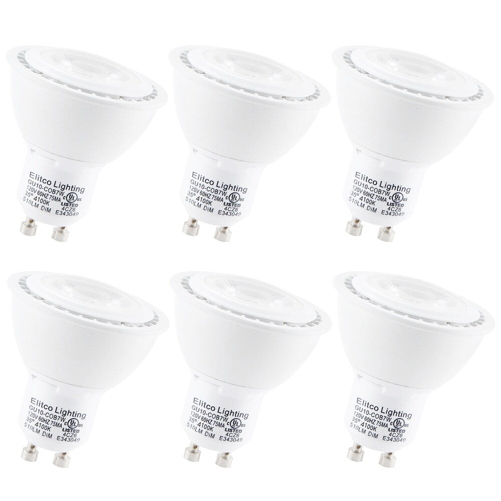 Led gu10, 4100k, 35°, cri80, ul, 7w, 50w equivalent, 25000hrs, lm530, dimmable,input voltage 120v 6 pack