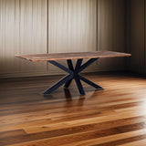 Lee Dining Table, 87 Inch Natural Acacia Wood Top, Black Iron Star Base